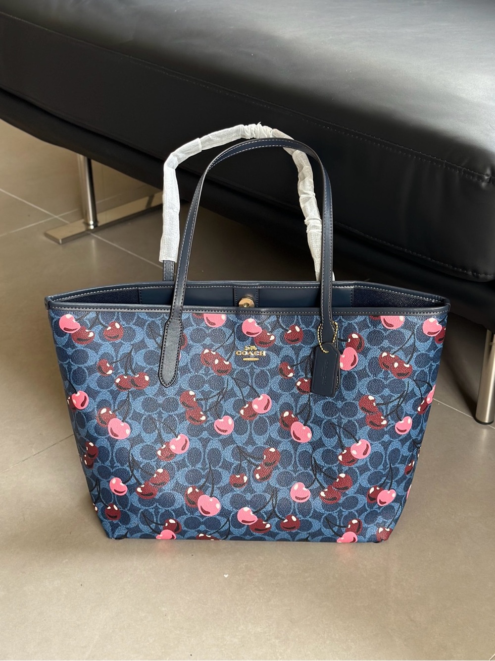 Coach Navy Blue Cherry Pattern Tote with Pink and Red Accents